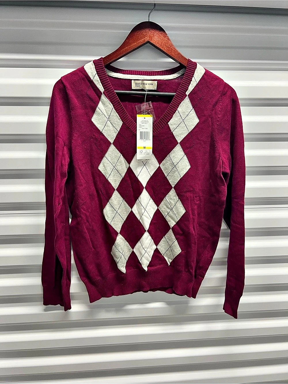 Jones New York Argyle Cotton Sweater in Purple & White Size Medium NWT